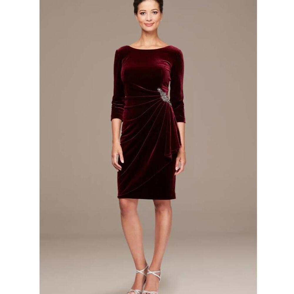 NWT Alex Evenings Wine Velvet Stretch Ruched Beaded Hip Cocktail Dress 4P 4